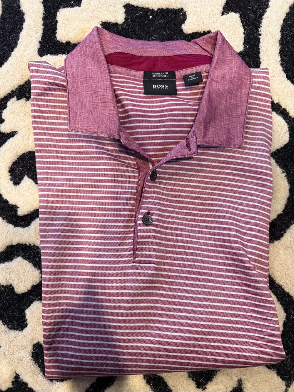 BOSS Men's Striped Polo in Maroon and White XL